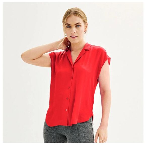 Nine West Tops - Nine west Satin Cap Sleeve Red Button Up Blouse Size XXL